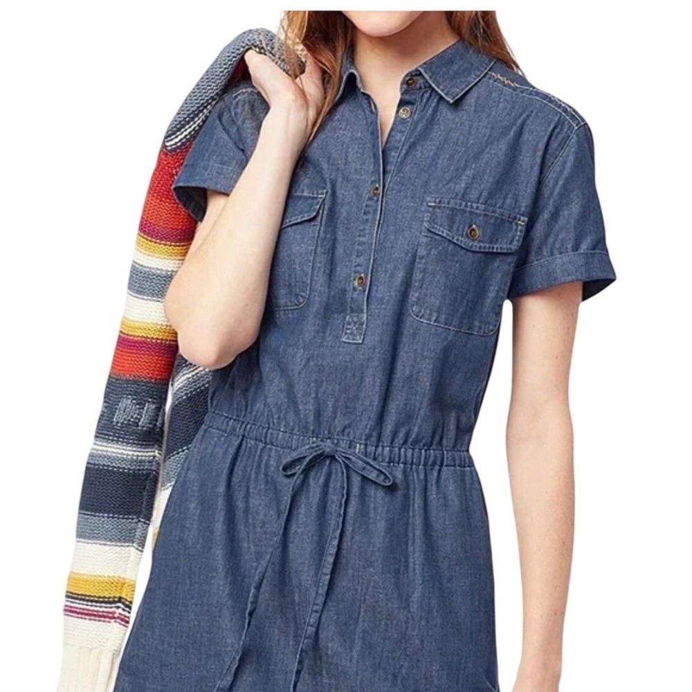 Pendleton Blue Denim Shirt Dress Short Sleeve Drawstring M Western Southwestern‎